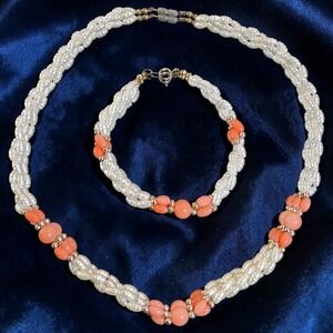 Vintage Cultured Seed Pearl & Natural Coral Necklace Bracelet Demi Parure Set